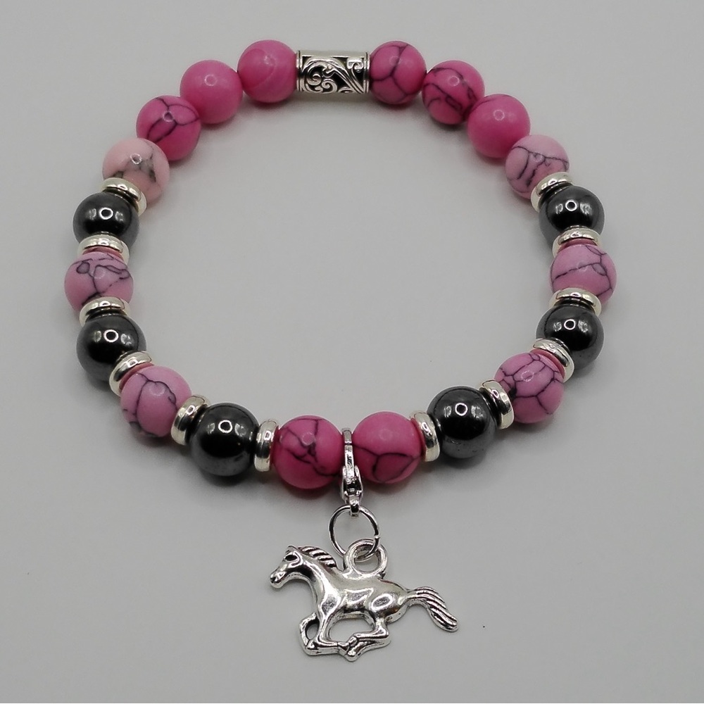 Pink Turquoise with Howlite and Hematite Gemstone Bracelet with Horse Charm